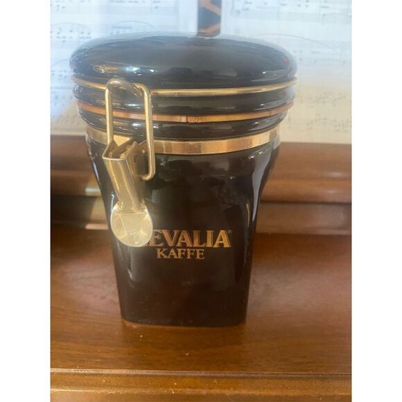 Gevalia Kaffe Royal Black & Gold Ceramic Coffee Canister Airtight 7.5" - Picture 1 of 7